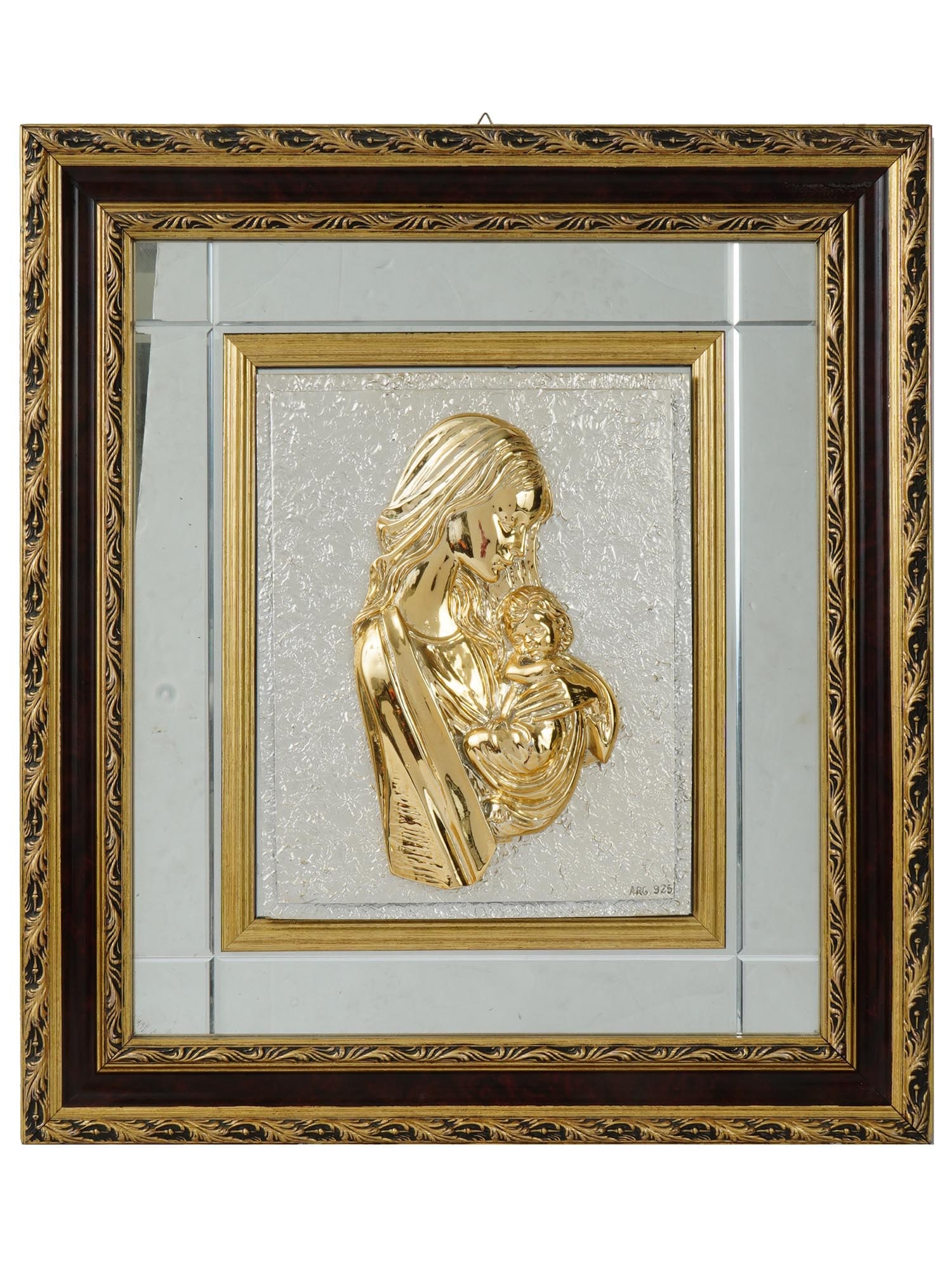 CREAZIONI ARTISTCHE SILVER PLATED ITALIAN WALL ART: A Creazioni Artistiche silver plated Italian wall art with mother and child. Bas relief from the South of Italy, depicting a young girl in profile with long hair holding a child in her arms. Circa the