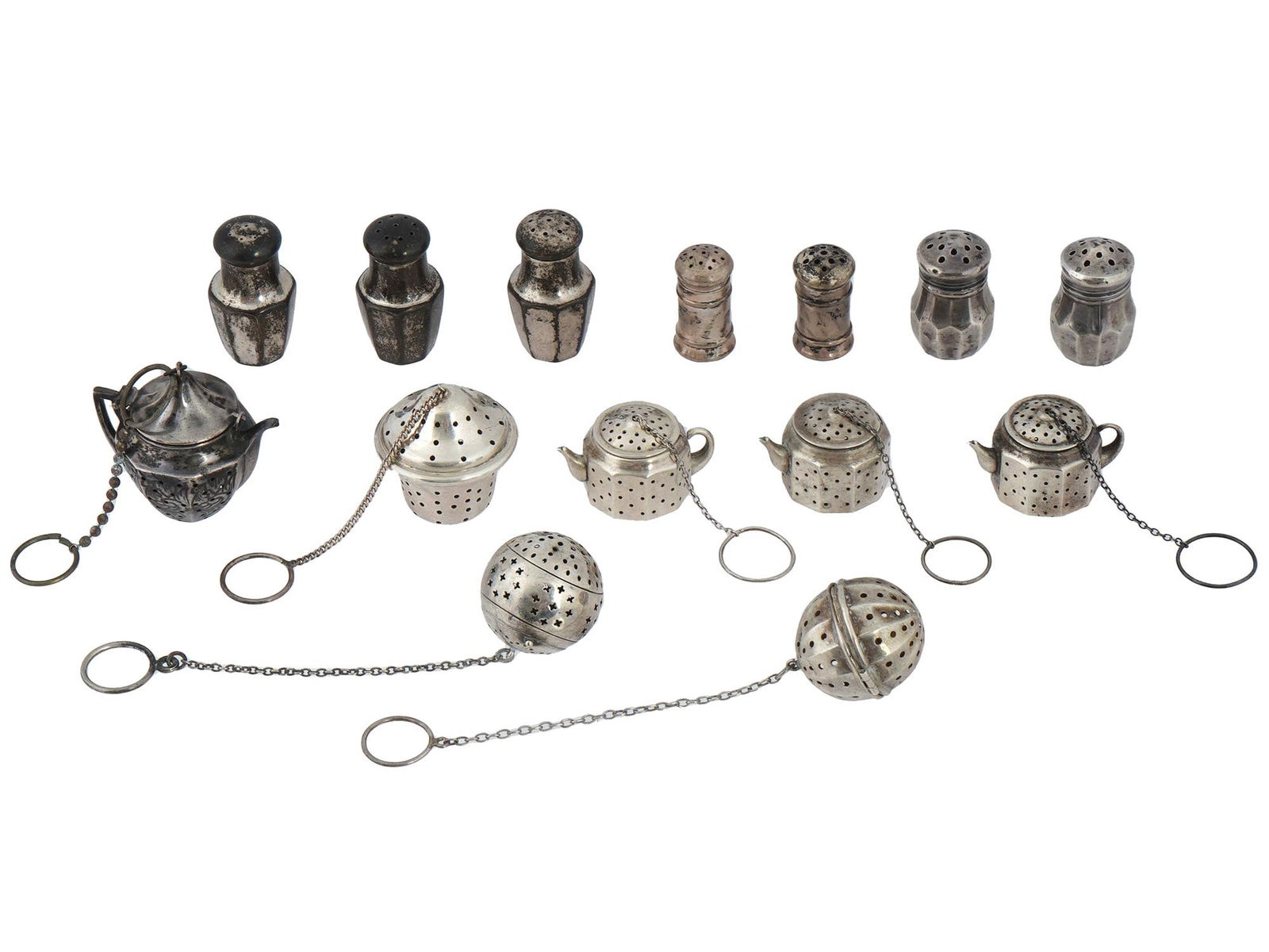 VINTAGE SILVER SALT PEPPER SHAKERS AND TEA STRAINERS (1 of 11)