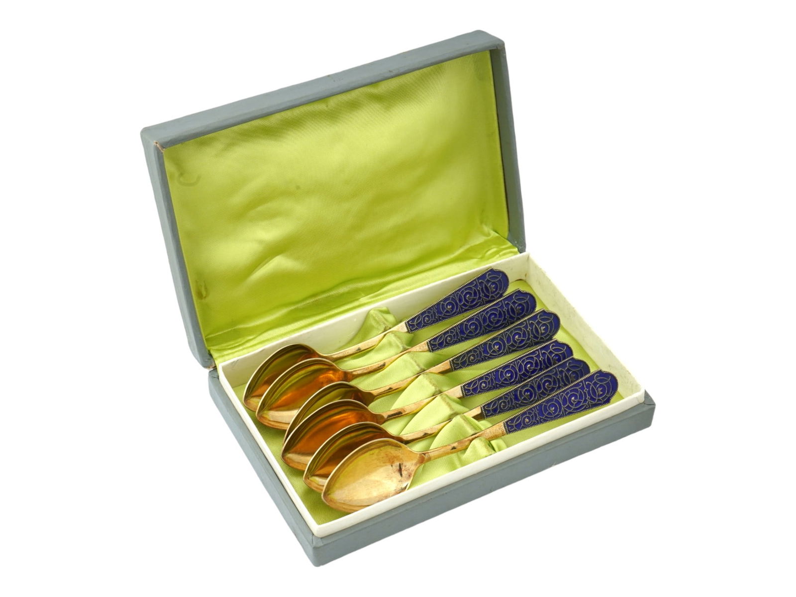 RUSSIAN SOVIET ERA SILVER ENAMEL SPOONS SET IOB (1 of 6)