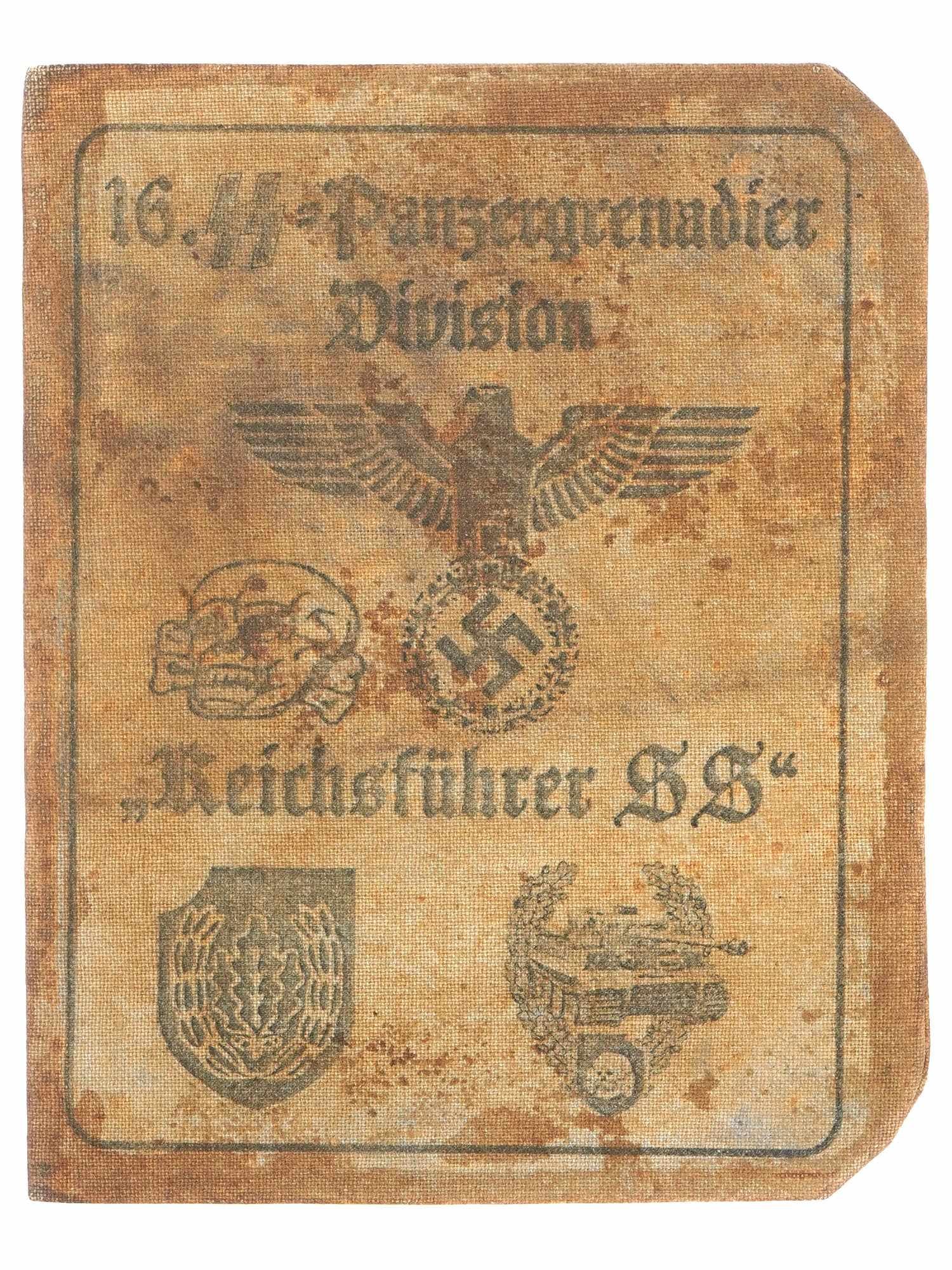 WWII NAZI GERMAN WAFFEN SS ID DOCUMENT: A World War II Nazi German Personalausweis, passport of Karl Reinert, soldier of the 16th SS-Panzergrenadier division Reichsfuhrer SS. Issued in January 1944, with photograph, signature and stamps. Th