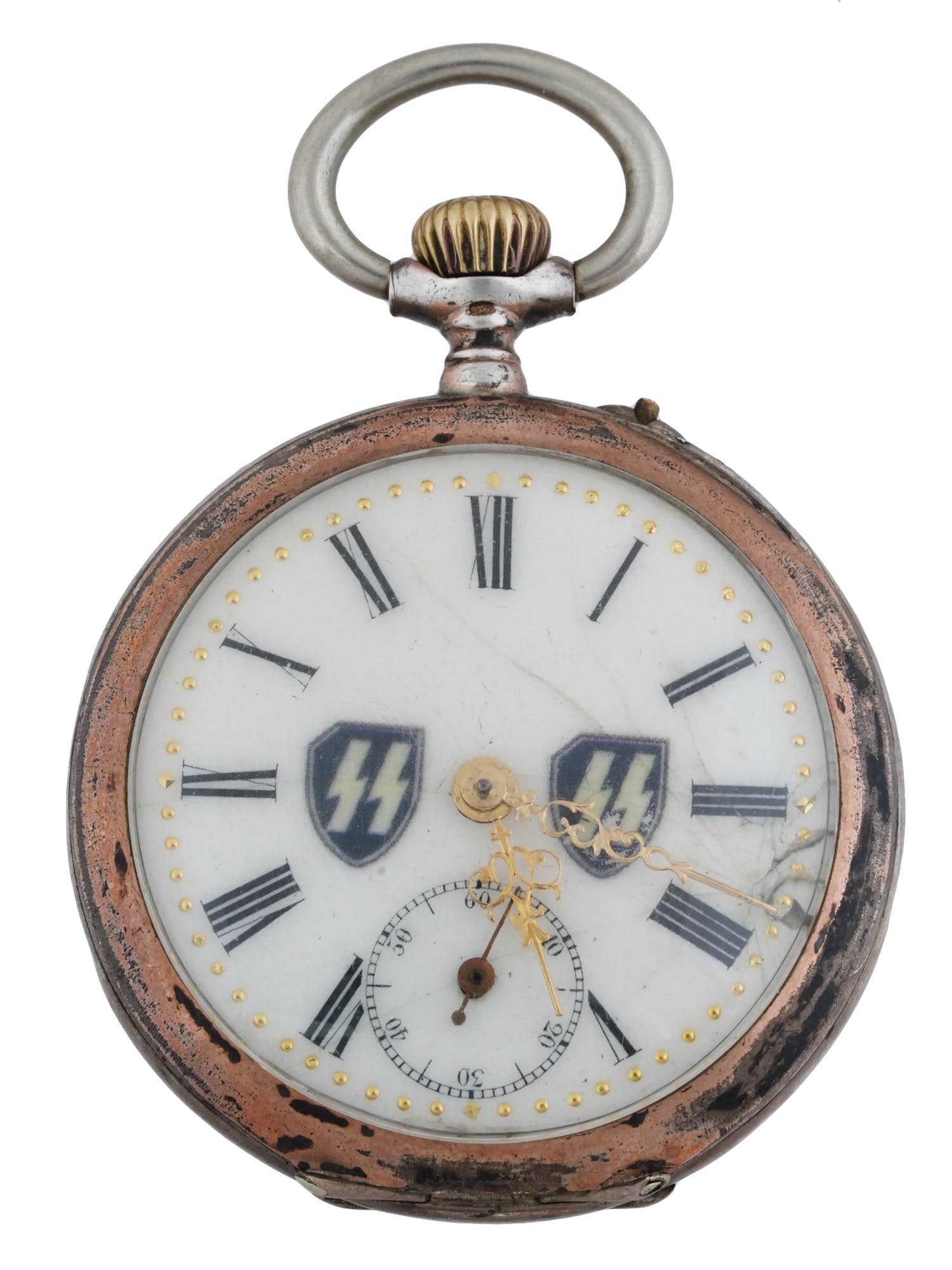 WWII NAZI GERMAN TYPE WAFFEN SS SILVER POCKET WATCH: A WWII Nazi German type Waffen SS officers wind up pocket watch. A white enameled dial with black Roman numerals features two SS runes with a separate second hand window below. The silver case is ador