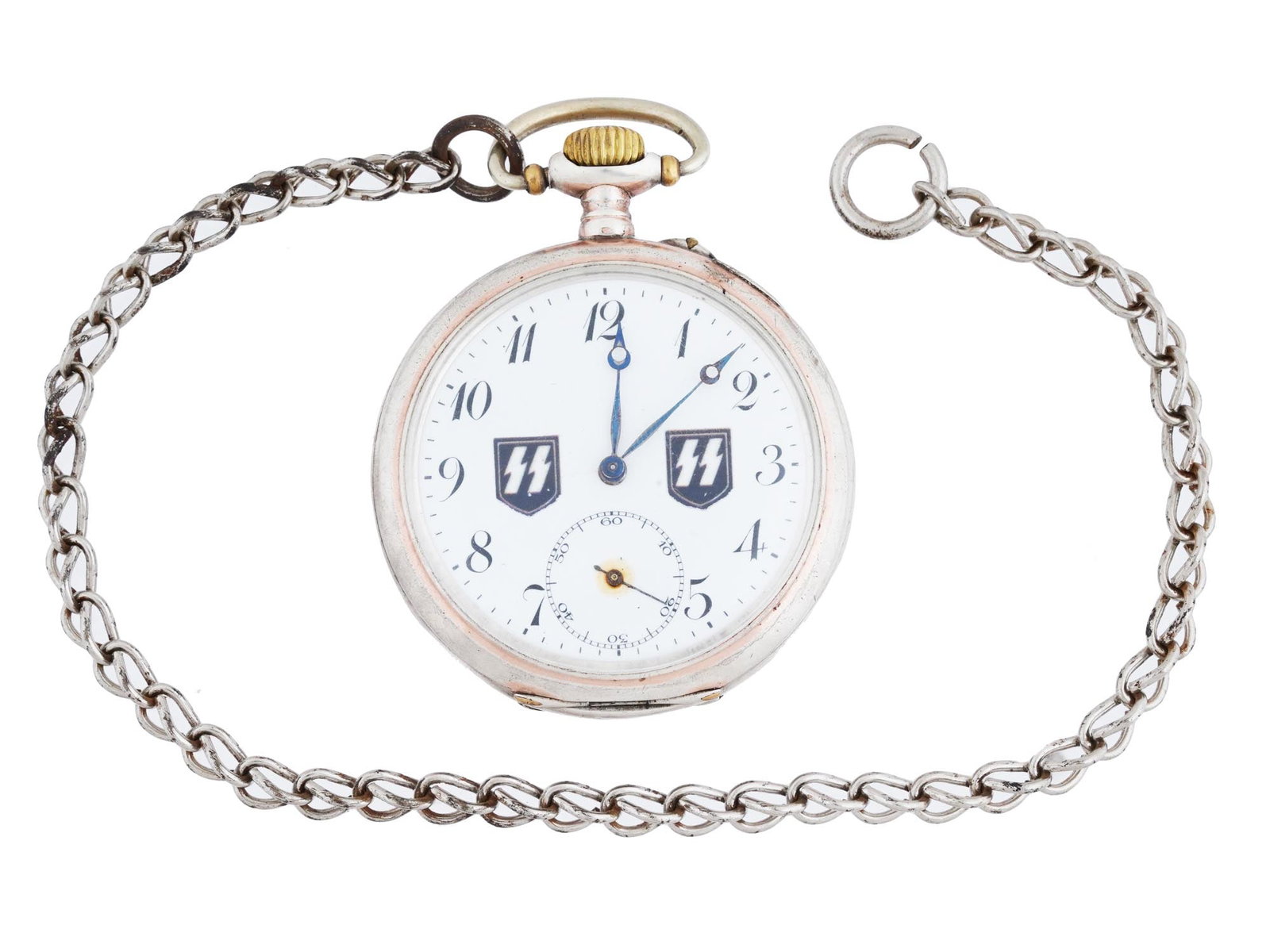 WWII MODEL NAZI GERMAN WAFFEN SS POCKET WATCH: A WWII model Nazi German Waffen SS officers pocket watch. Its dial, adorned with black Roman numerals features two pairs of SS runes insignias. Below the main dial, there is a separate window for the 
