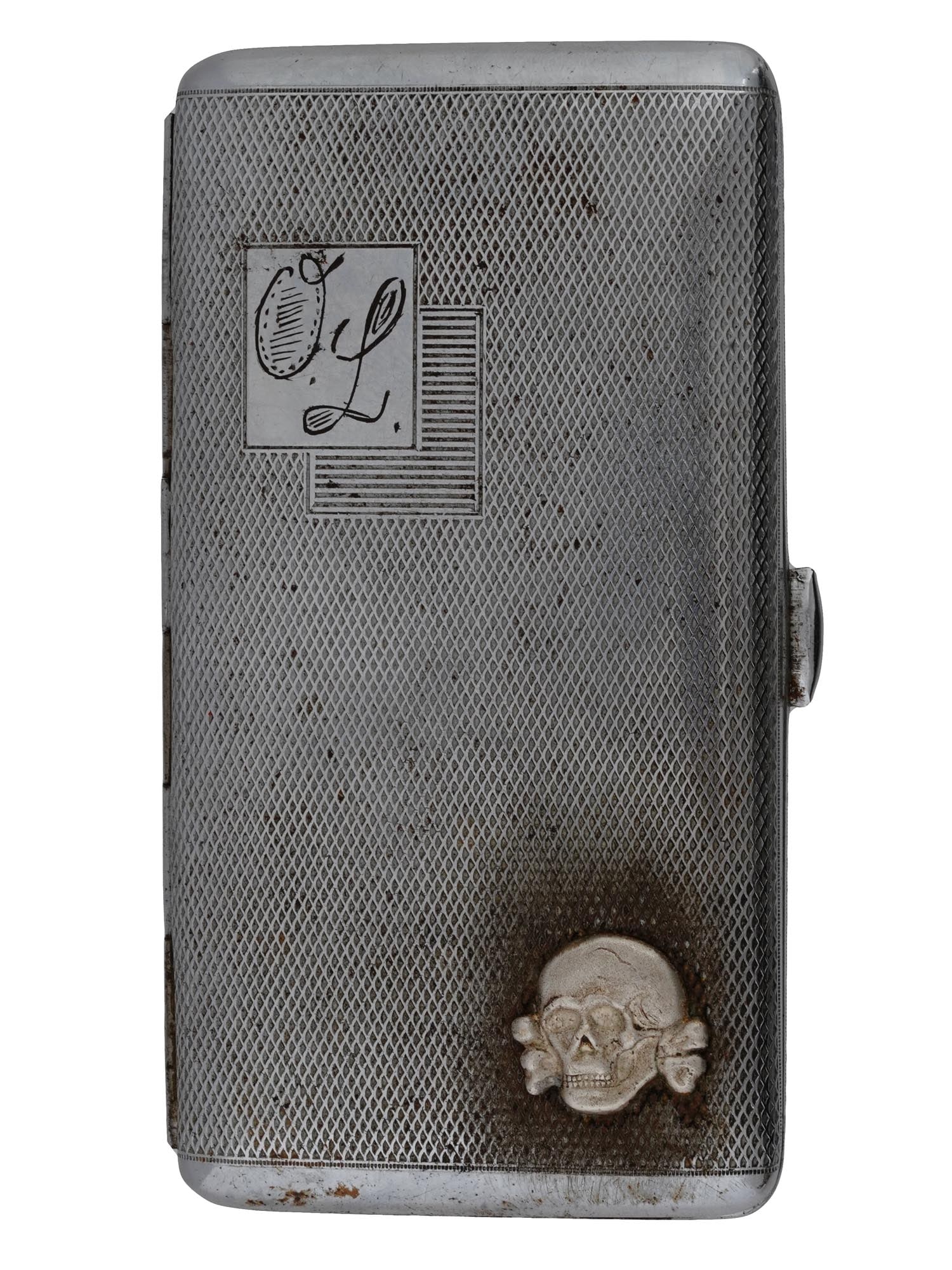 WWII NAZI GERMAN TYPE WAFFEN SS SKULL CIGARETTE CASE: A WWII Nazi German Third Reich type cigarette case. The case is metal alloy construction. The case is made in an etched lattice design. Gold washed inside. The case is adorned with a relief plaque rep