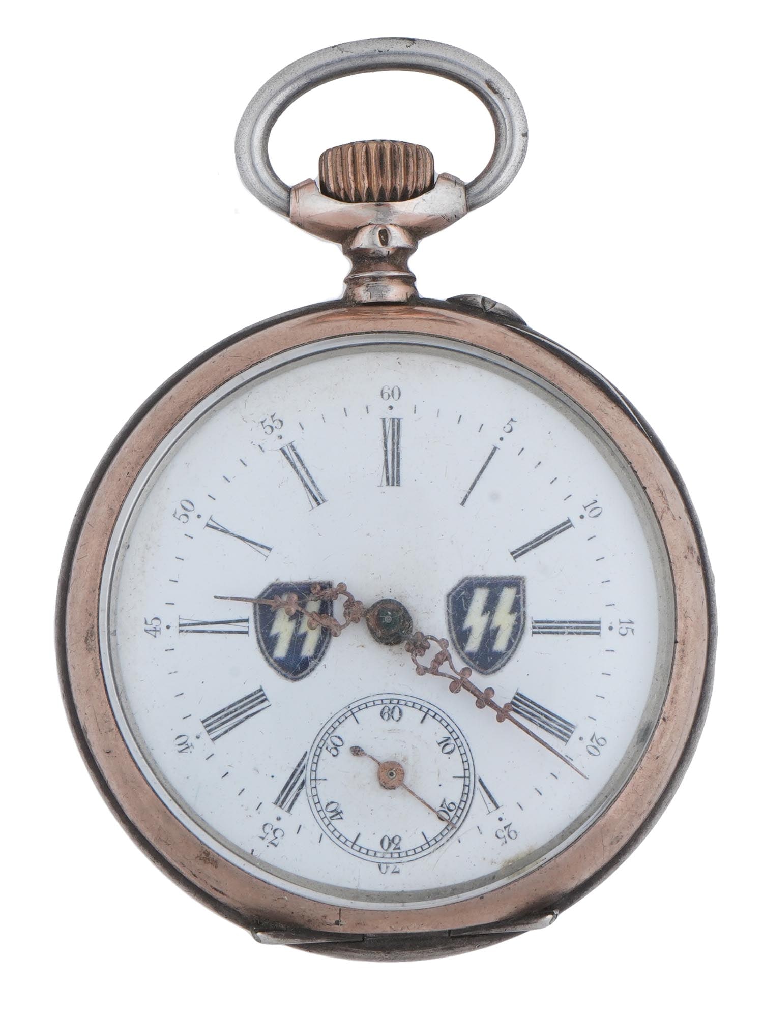 WWII NAZI GERMAN TYPE WAFFEN SS SILVER POCKET WATCH: A WWII Nazi German type Waffen SS officers wind up pocket watch. A white enameled dial with black Roman numerals features two SS runes with a separate second hand window below. The silver case is ador