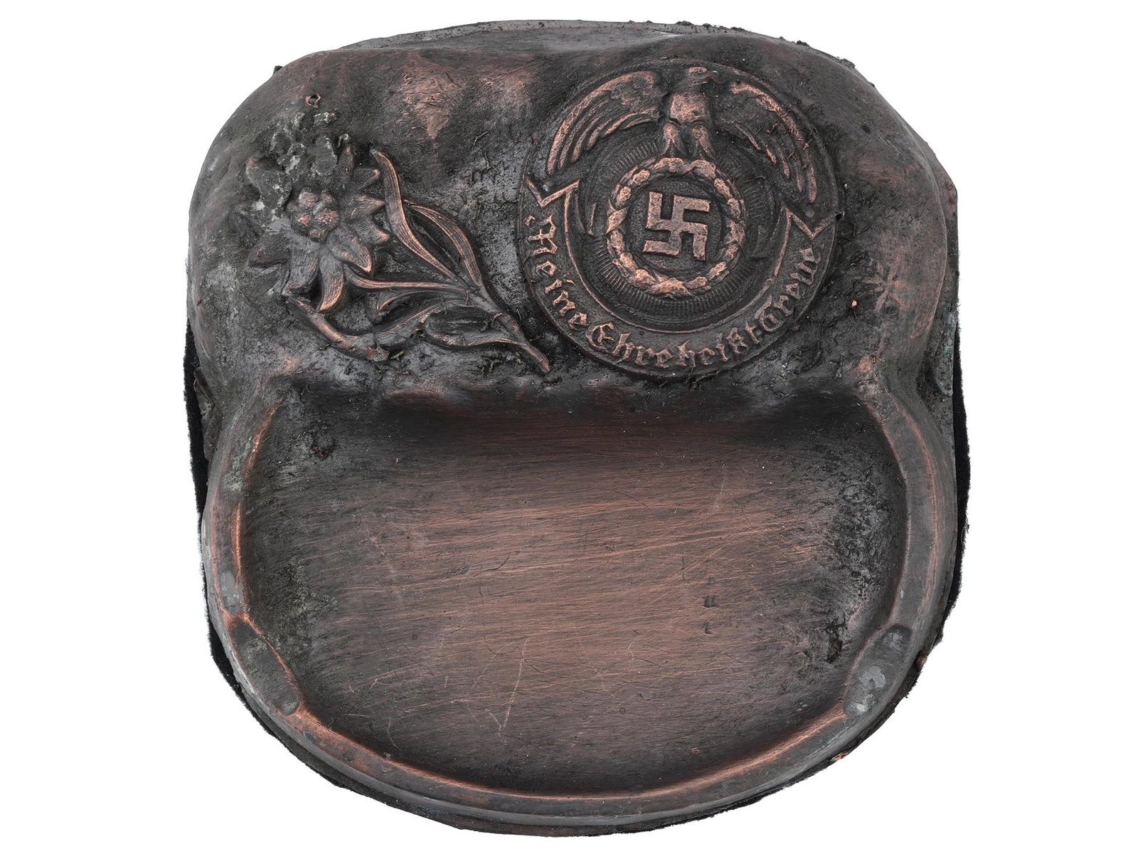 WWII NAZI GERMAN THIRD REICH TYPE WAFFEN SS ASHTRAY: A WWII Nazi German Third Reich type Waffen SS ashtray. The ashtray features relief images of an Edelweiss flower insignia, and a Nazi eagle clutching swastika insignia with the motto Meine Ehre Heisst
