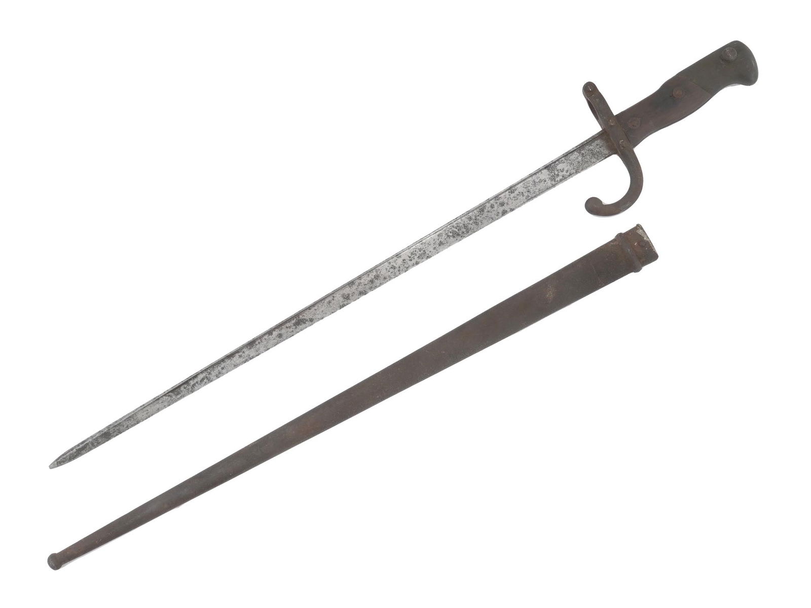 PRE WWI LATE 19THC 1876 FRENCH ST ETIENNE BAYONET: A late 19th century French St Etienne bayonet, model 1876. Features a brass mounted hilt with shaped walnut grips held by two steel rivets. Steel crossguard with sept forward curved quillon, T shaped