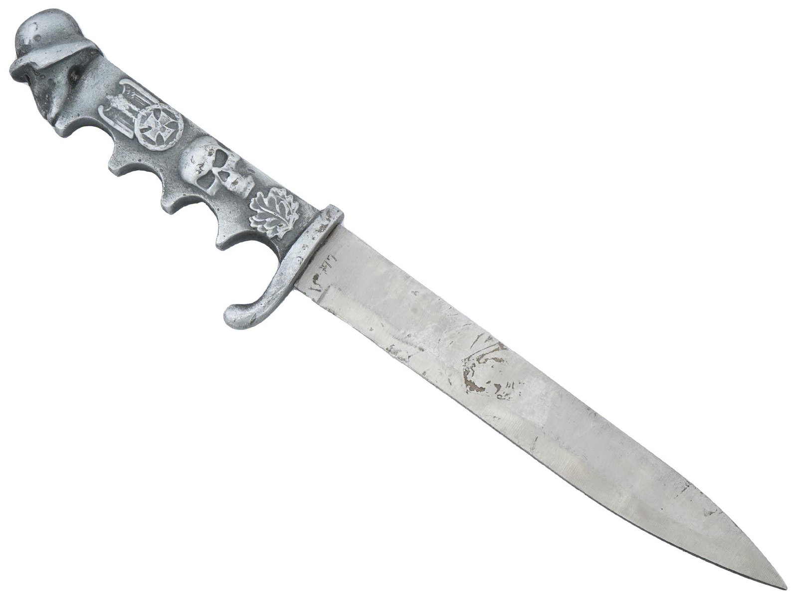 WWII TYPE NAZI GERMAN FIGHTING DAGGER SKULL IN HELMET: A WWII type Nazi German fighting dagger. Features a sharply pointed blade designed for close combat, and a hooked quillon that adds both functionality and a distinct visual element. The pommel shows a