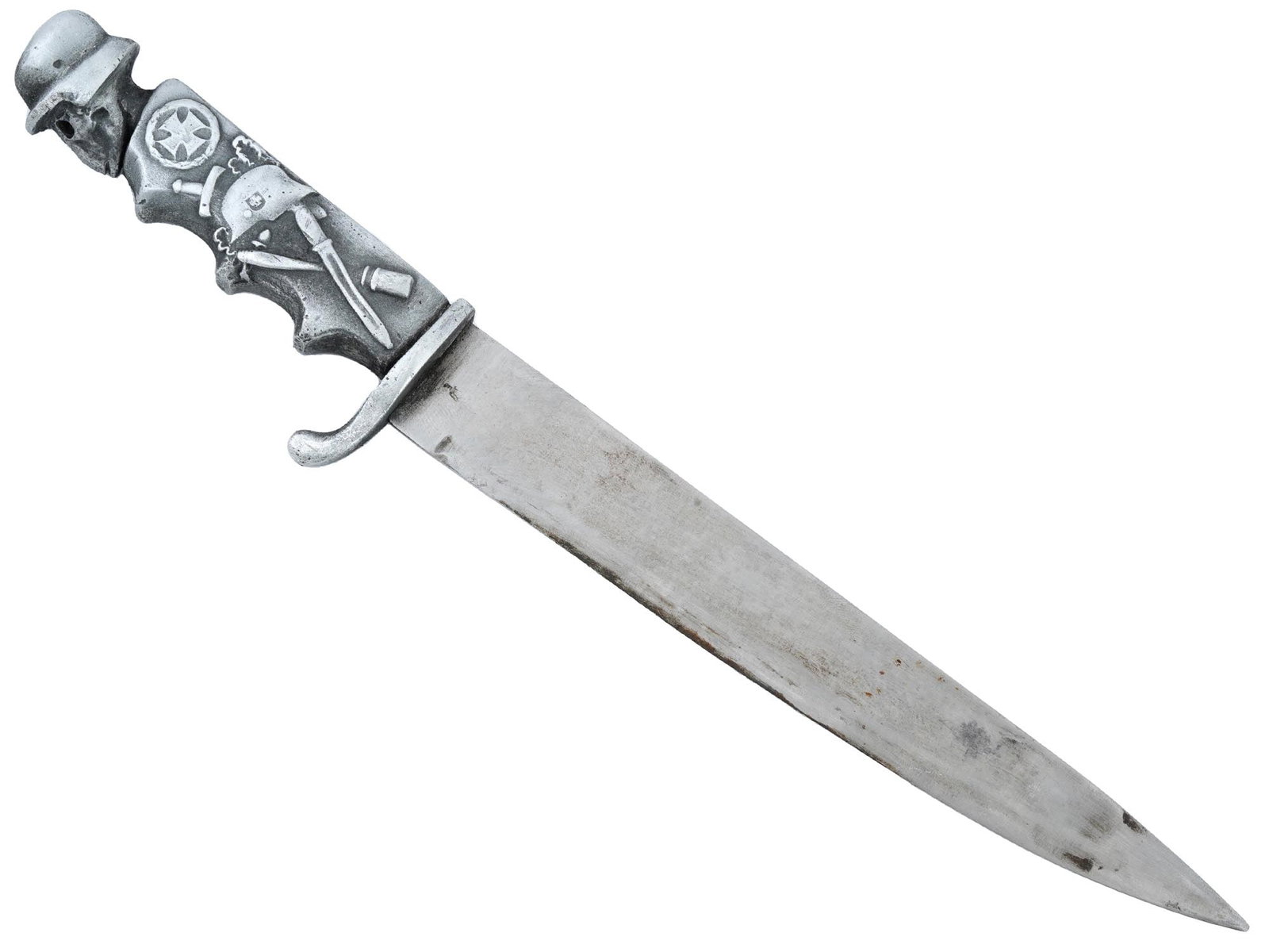 WWII TYPE NAZI GERMAN FIGHTING DAGGER SKULL IN HELMET: A WWII type Nazi German fighting dagger. Features a sharply pointed blade designed for close combat, and a hooked quillon that adds both functionality and a distinct visual element. The pommel shows a