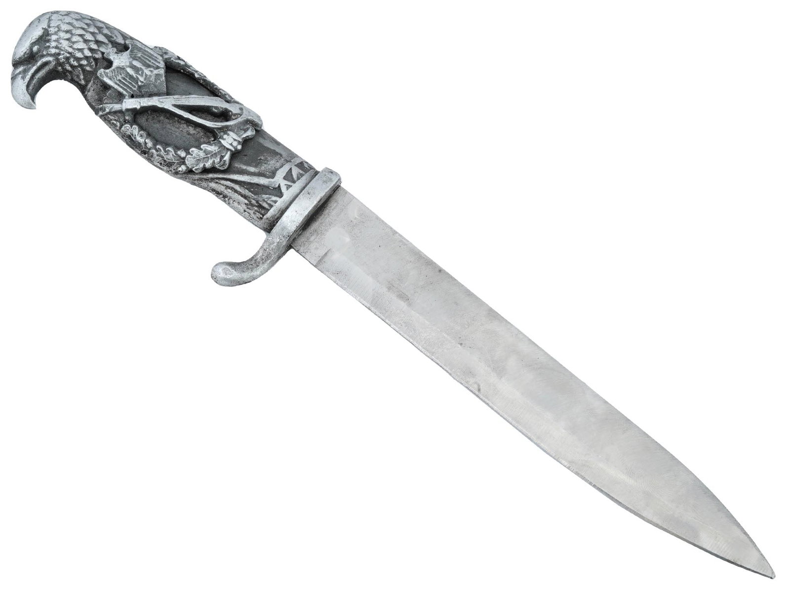 WWII TYPE NAZI GERMAN FIGHTING DAGGER WITH EAGLE HILT: A WWII type Nazi German fighting dagger. Features a sharply pointed blade designed for close combat, and a hooked quillon that adds both functionality and a distinct visual element. The hilt is modele