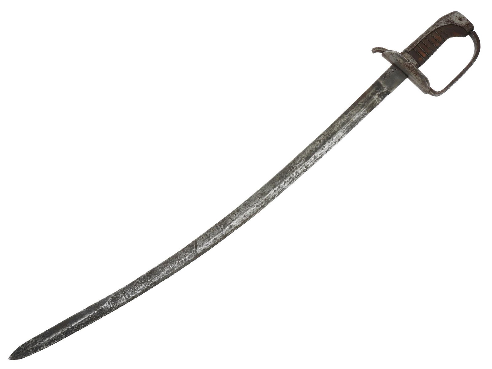 1912 ANTIQUE NORTH EUROPEAN MODEL OFFICERS SWORD: An antique 1912 model probably North European model officers sword. A long curved steel blade featuring an etched design. Wooden grip with twisted wire design. Marked, 1912, on a ricasso. Marked, 0 5 
