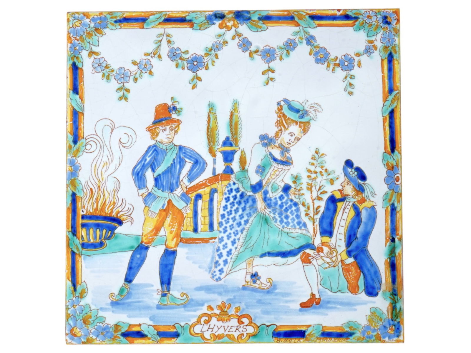 ANTIQUE FRENCH PAINTED PORCELAIN TILE TRIVET SIGNED (1 of 7)