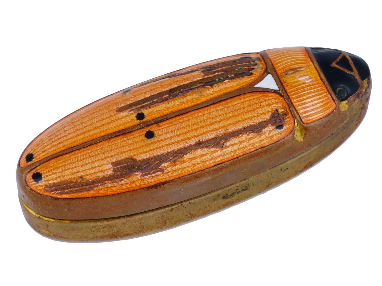 VINTAGE ART DECO BRASS ENAMEL LADYBUG TRINKET BOX: A vintage Art Deco brass trinket box shaped like a ladybug. Features an oval form with an intricately designed lid. The lid has traces of red guilloche enamel, skillfully representing the insects wing