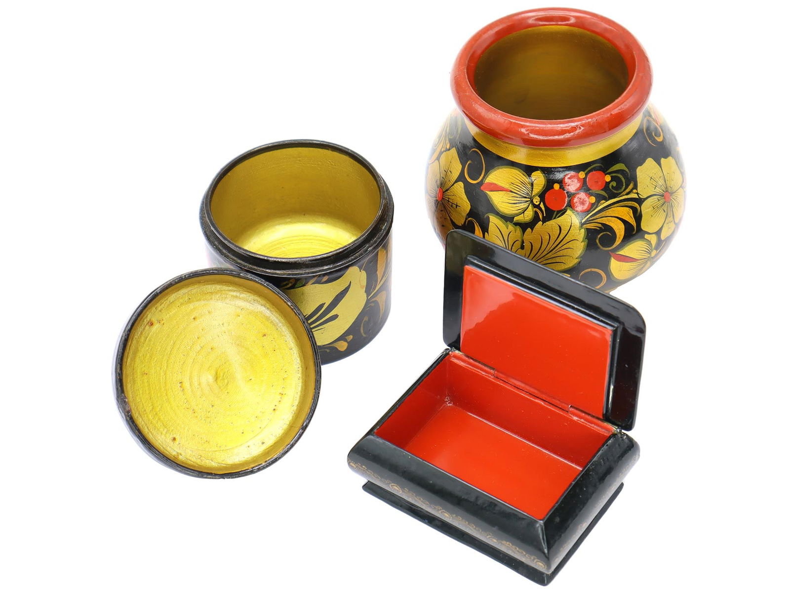 RUSSIAN KHOKHLOMA LACQUERED TRINKET BOXES AND POT (1 of 10)