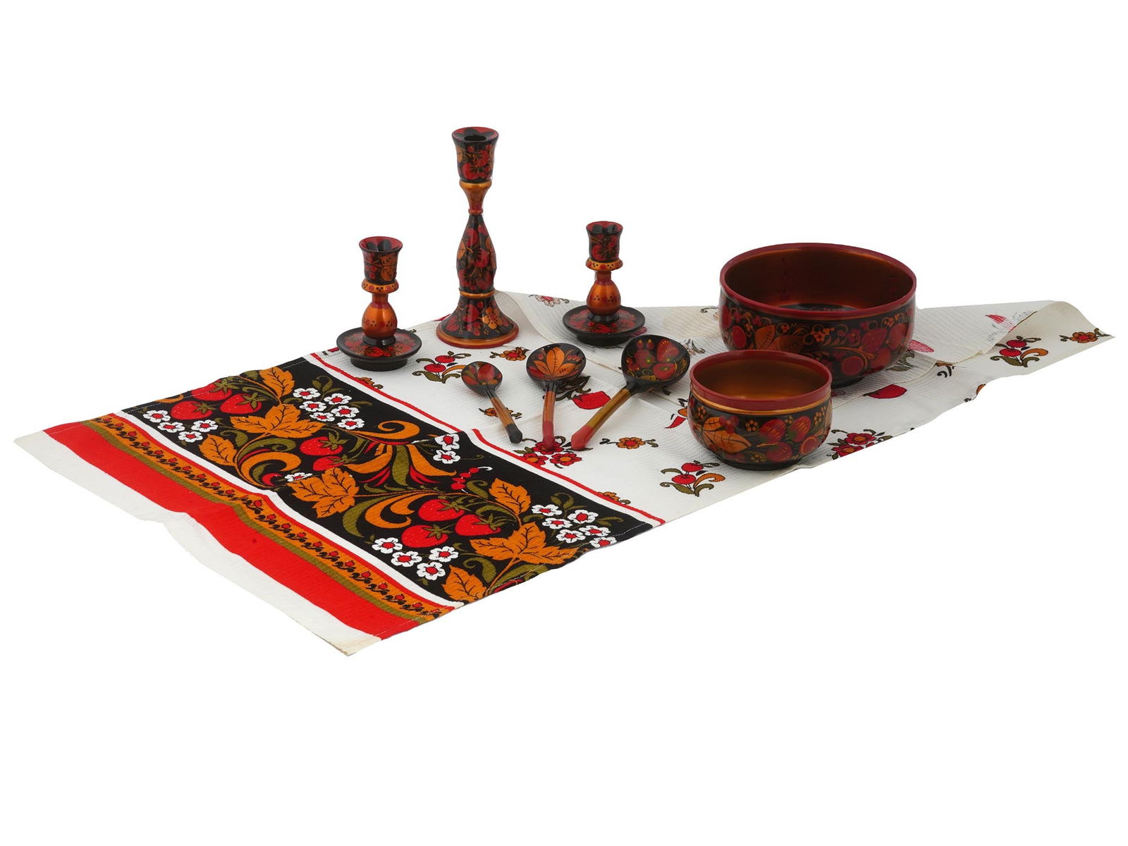 RUSSIAN HAND PAINTED WOODEN KHOKHLOMA TABLEWARE SET (1 of 12)