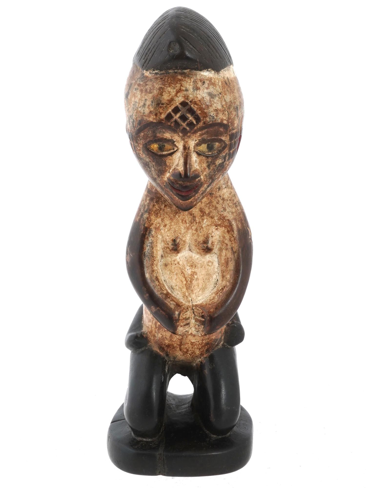 GABONESE BAPUNU CARVED WOODEN MATERNITY FIGURE: A hand-carved wooden figurine from Gabon, Central Africa, art of the Bapunu ethnic sub-group. The piece represents maternity, a female figure with a child on her back. Hand-colored details. African Tr