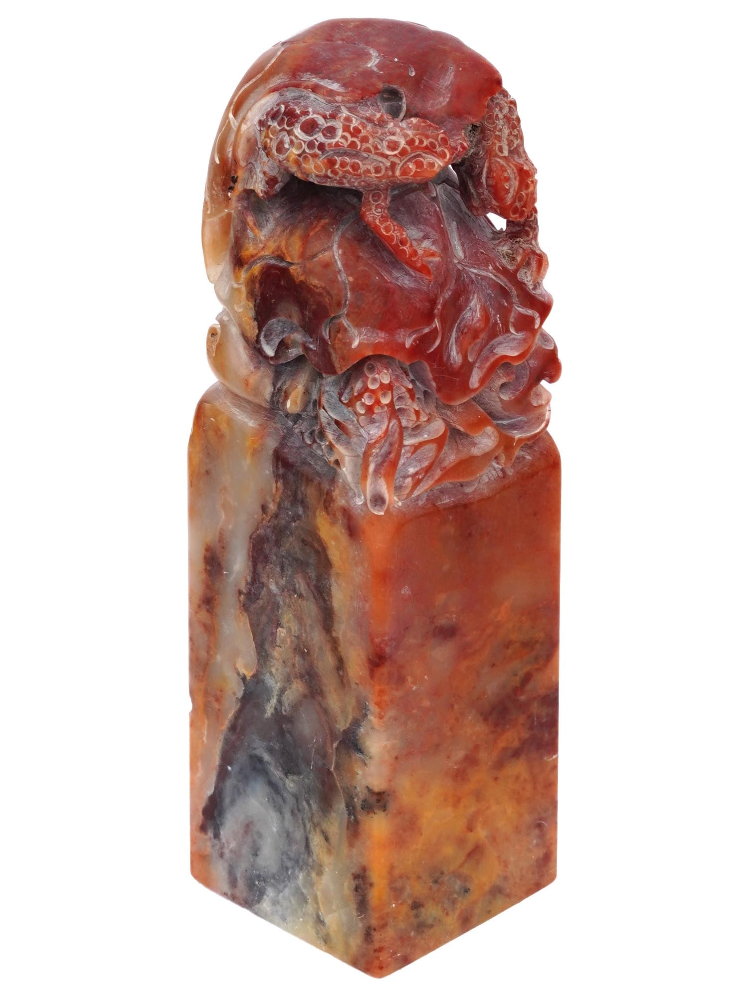 ANTIQUE CHINESE HAND CARVED SHOUSHAN CHOP SEAL: An antique Chinese hand carved from a natural shoushan chop seal with two frogs. The item with an elongated square shape. Below is smooth, at the top it has carvings with plant motifs, as well as two 