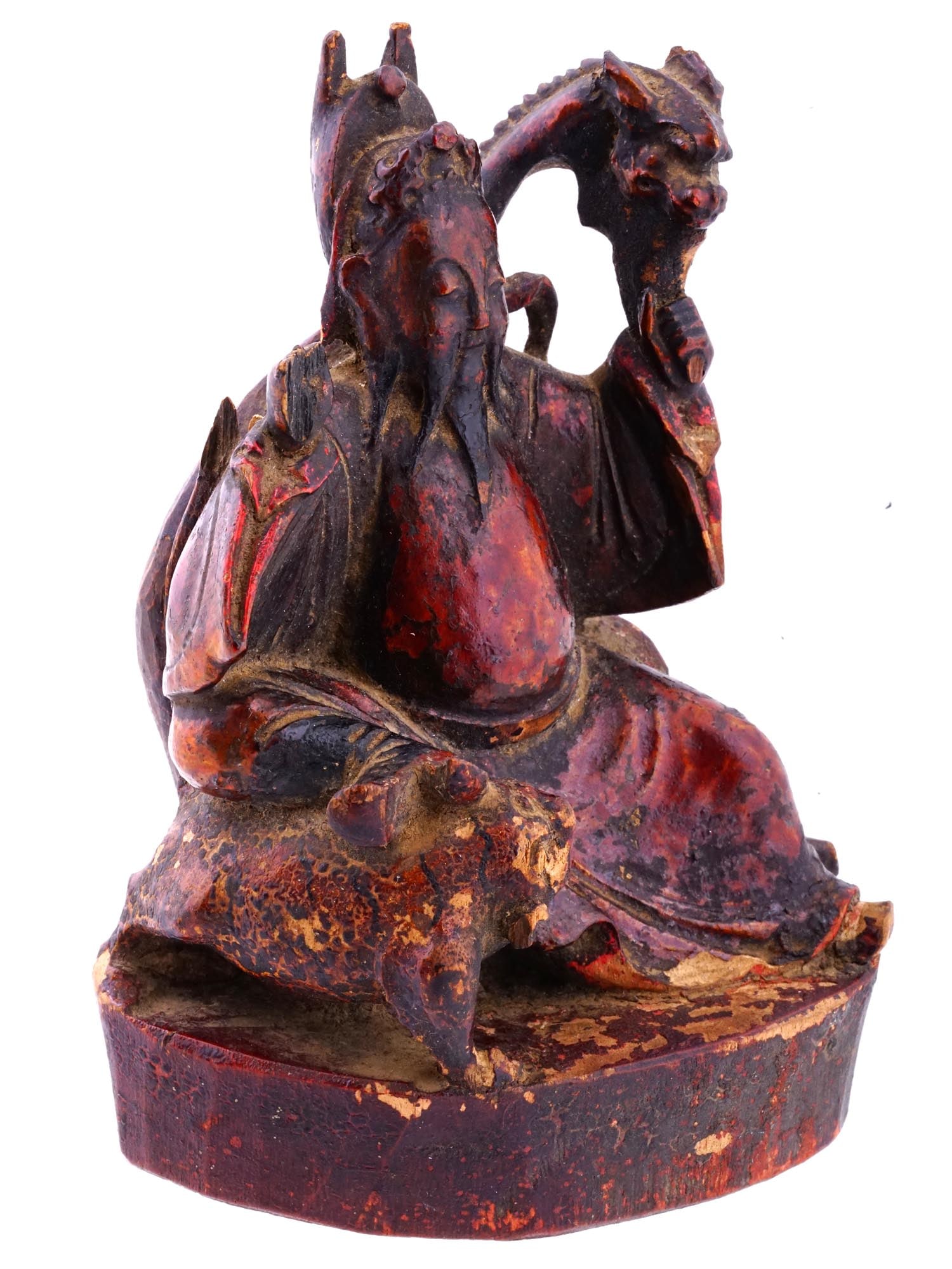 ANTIQUE CHINESE QING RED LACQUERED WOOD SCULPTURE: An antique Chinese red lacquered hand-carved wood figurine. Late Qing dynasty, before 1912. The piece depicts a seated elder with a dragon. Presumably a personification of the Dragon King, a Chinese w