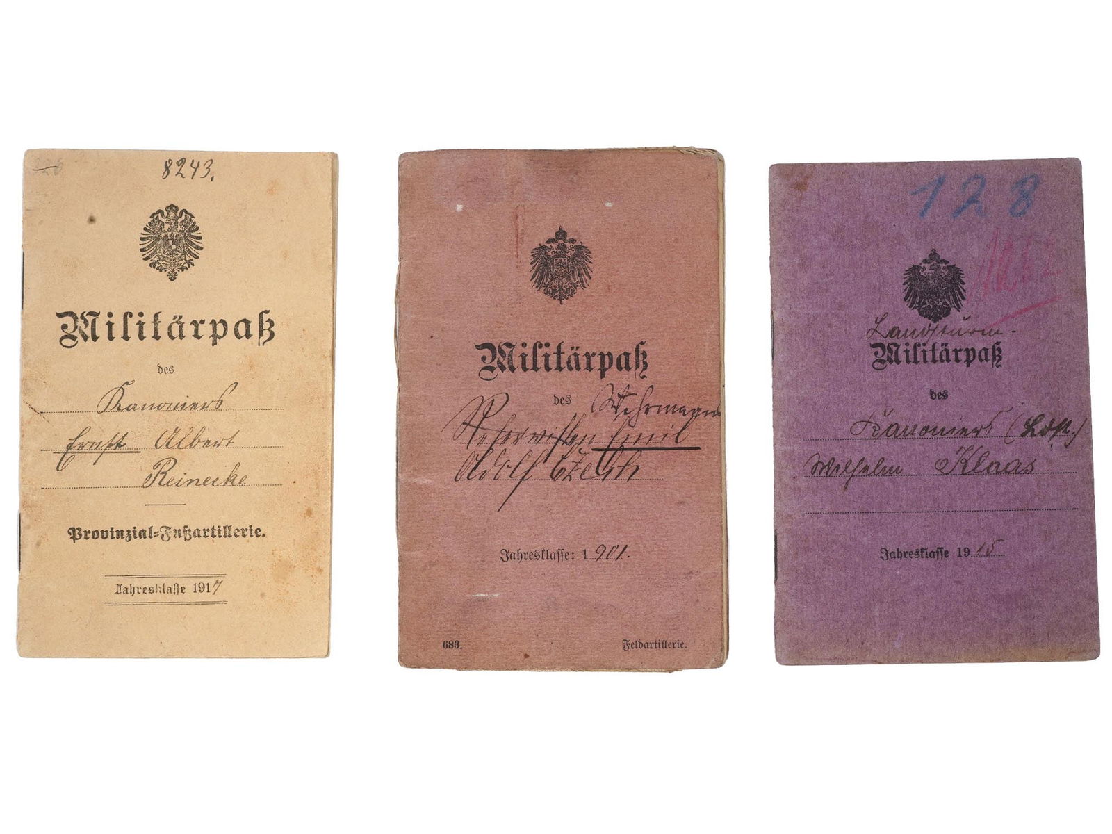 WWI ERA PRUSSIAN MILITARY ID DOCUMENTS: A lot of three World War I era German Militarpasse, military ID documents. Emil Adolf Czech, issued 1901. Wilhelm Klaas, issued 1915. Ernest Albert Reinecke, issued 1917. Handwritten data and official