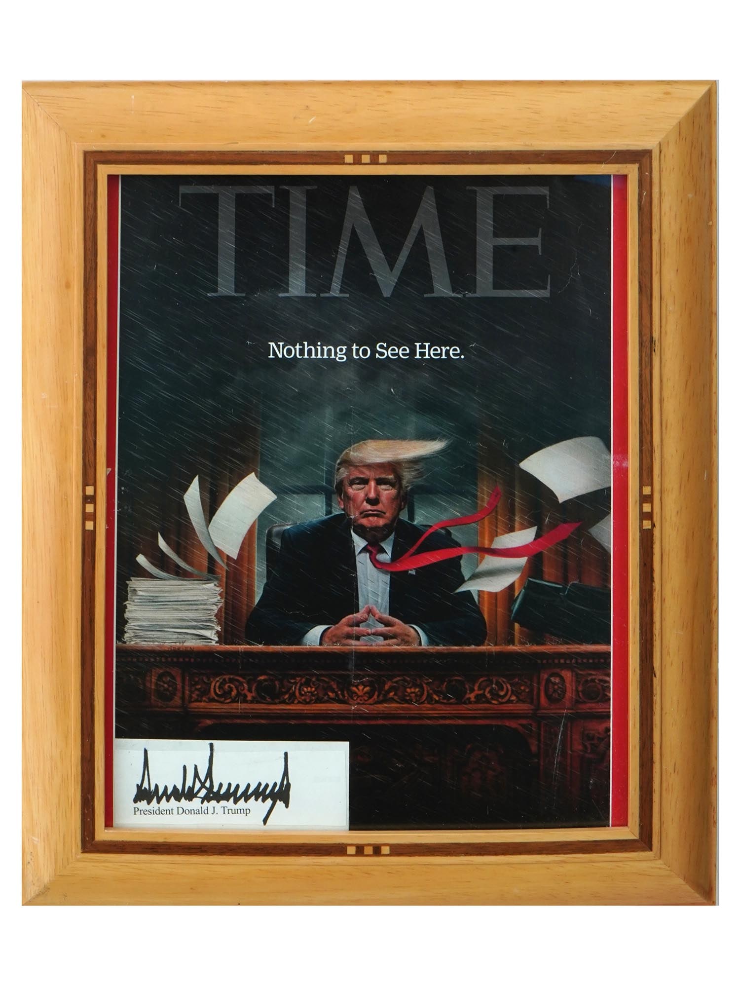 2017 TIME MAGAZINE COVER DONALD TRUMP AUTHOGRAPHED: Cover of the TIME magazine featuring the 45th American president Donald Trump. Issue of February 27, 2017. Trump is depicted sitting at his desk in the rain, which is a visualization of the chaos surr