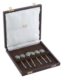 RUSSIAN GILT SILVER CLOISONNE ENAMEL SPOONS SET (1 of 5)