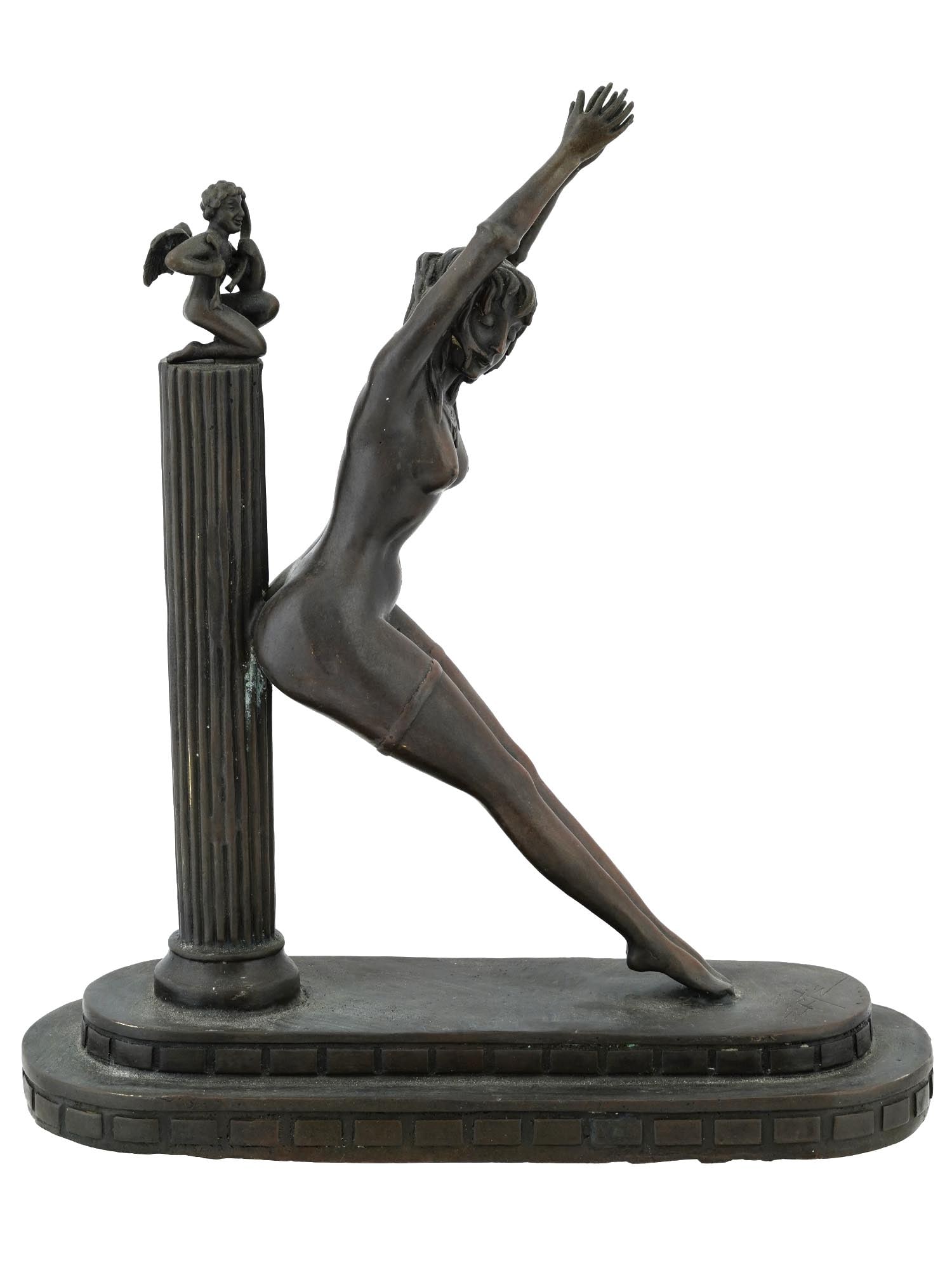 FRENCH ERTE ROMAIN DE TIRTOFF BRONZE NUDE SCULPTURE: A French bronze nude sculpture by Erte, titled Prisoner of Love. Circa 1980. The artwork depicts a nude woman standing tied up near a column with her arms raised high above her head. And a cherub sitt