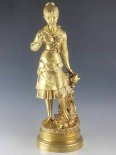 LARGE 19TH C FRENCH GILT BRONZE STATUE SIGNED: A large antique 19th century French gilt bronze statue of a girl standing with a water jug in front of another broken jug. Signed on the left side of the base: J. Lecompte. Classic European Bronze Scu