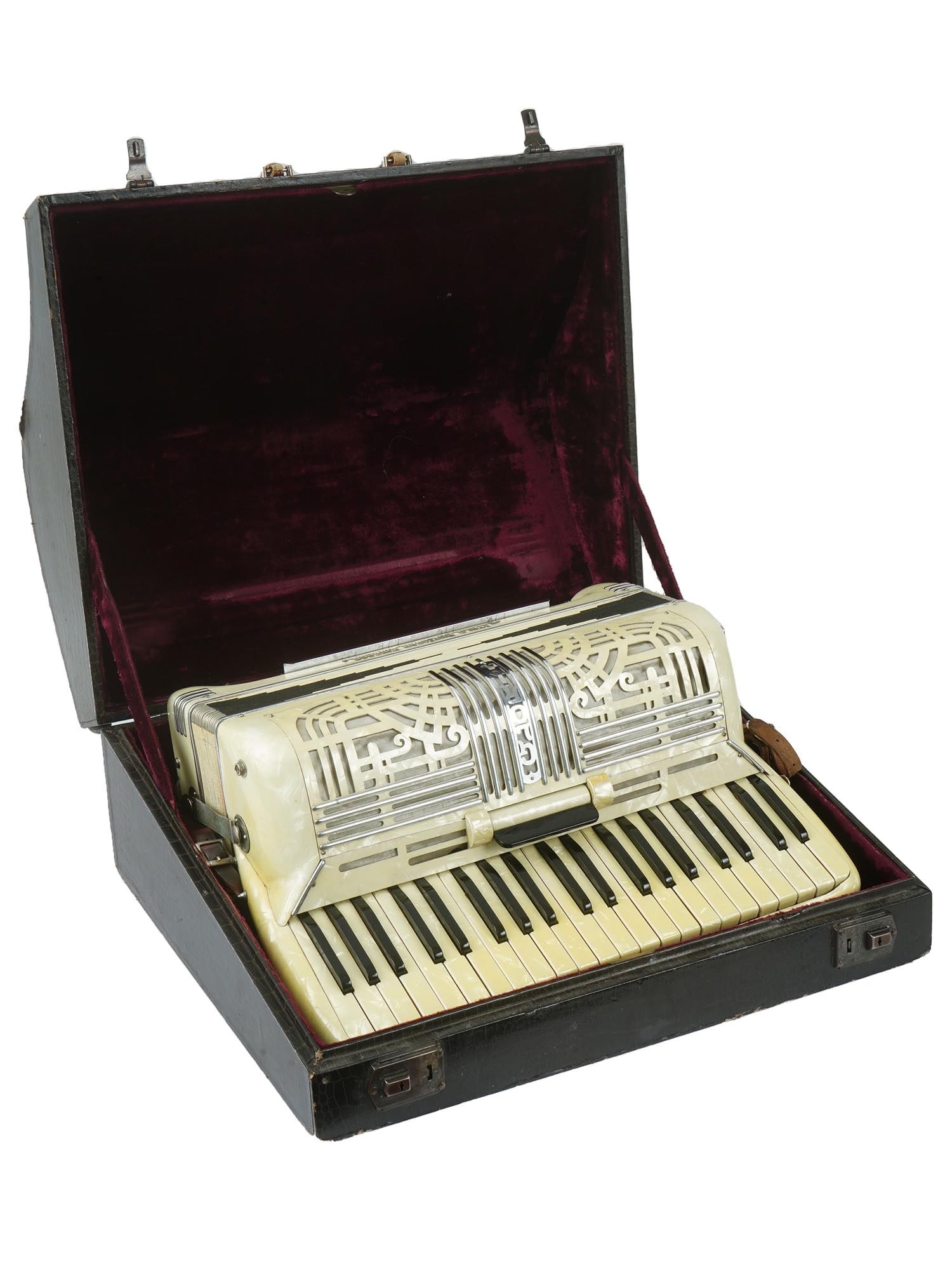 VINTAGE ITALO AMERICAN CHICAGO CO. GLORIA ACCORDION: A vintage Italo American Chicago Co. Gloria accordion. Dating back to the 1950s, this accordion exudes sophistication with its exquisite pearl design. Housed in a protective case. Vintage Accordions A