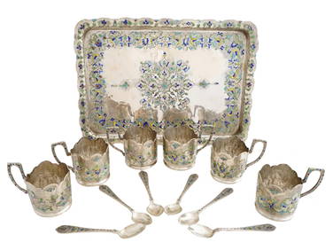 ANTIQUE PERSIAN QAJAR SILVER ENAMEL TEA SERVICE (1 of 9)