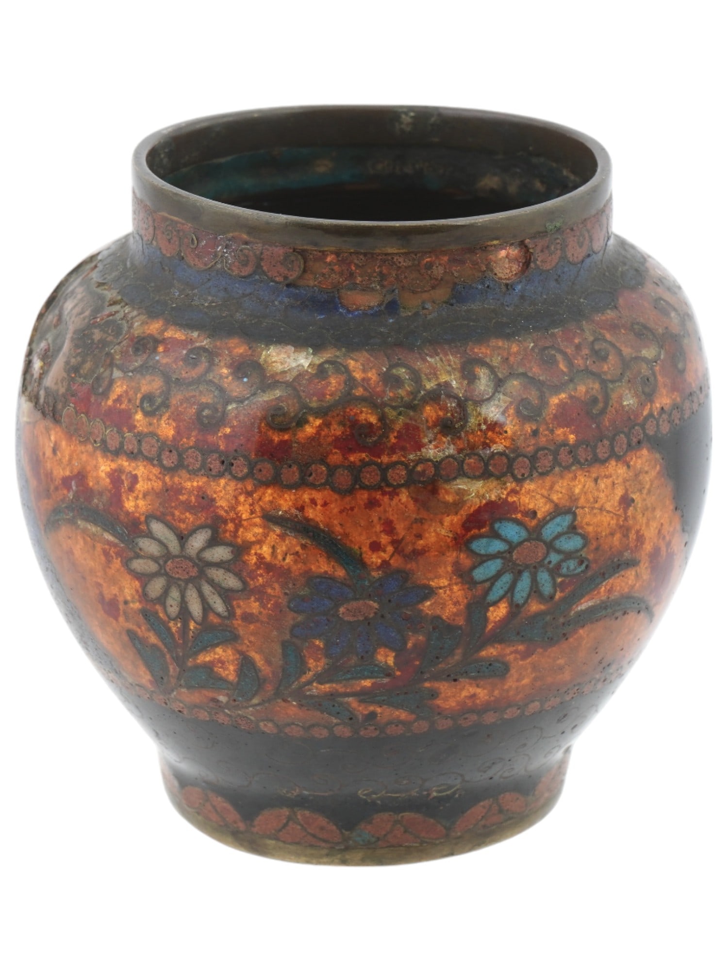 ANTIQUE EARLY MEIJI JAPANESE CLOISONNE ENAMEL VASE: An antique Japanese, early Meiji era, enamel over gilt copper vase. The exterior of the ware is adorned with polychrome enamel blossoming flowers and plants made in the Cloisonne technique. The neck a