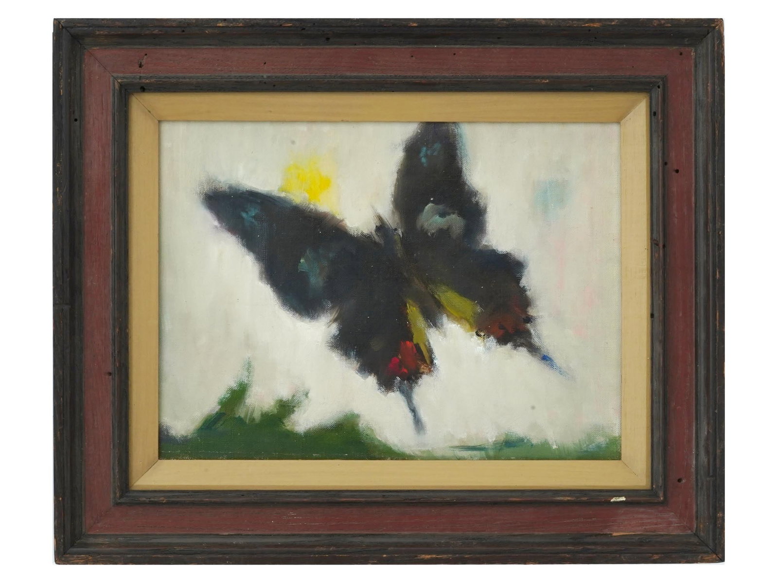 1960S AMERICAN OIL PAINTING OF A BUTTERFLY: Oil on canvas board painting. American, mid-20th century, ca. 1960s. The artwork depicts a flying machaon butterfly. Impressionist pictorial manner. Unsigned. Wooden frame. Collectible Fine Art And Wa