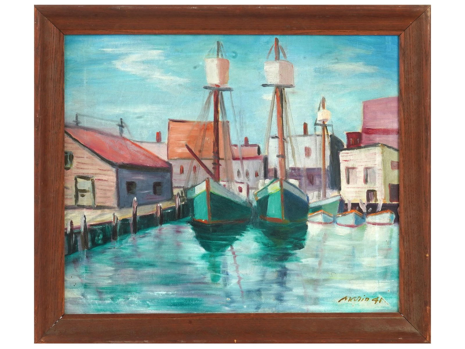 AMERICAN HARBOR SCENE OIL PAINTING BY JOHN MARIN: John Marin, American, French, 1870 to 1953, oil painting on canvas depicting a harbor scene, 1941. Signed and dated, lower right. Framed. John Marin was an early American modernist artist. He is known