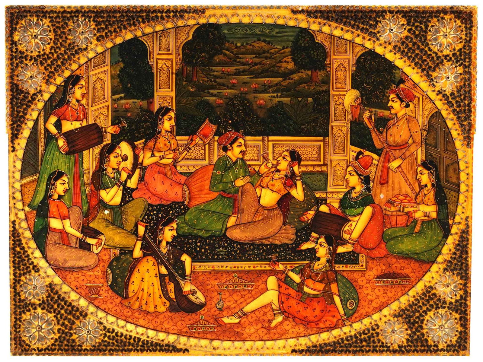 ANTIQUE MUGHAL INDIAN DOUBLE SIDED PAINTING: An antique Mughal Indian painting depicting a courting scene with a nobleman and a lady in an interior, surrounded by musicians and servants with a beautiful landscape behind. Hand-painted in opaque w