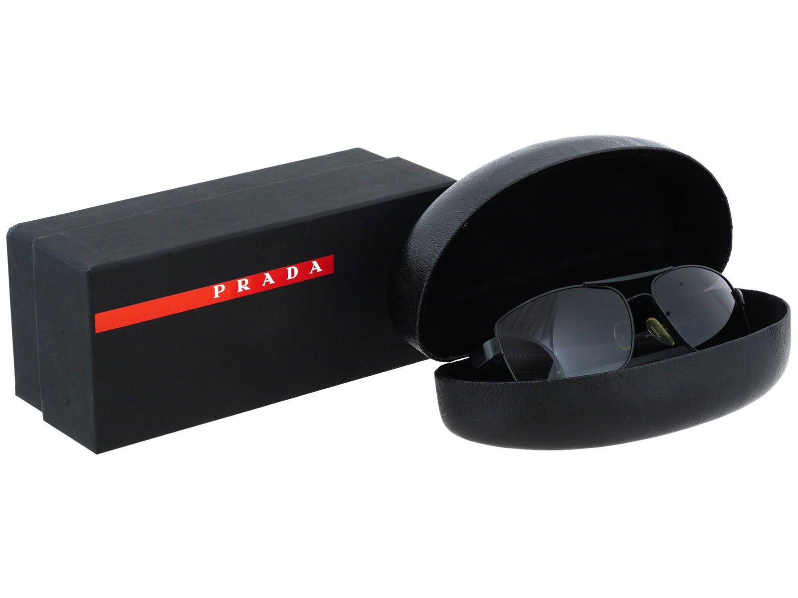 PRADA LINEA ROSSA MENS AVIATOR SUNGLASSES IOB: A pair of vintage mens sunglasses by Prada. Linea Rossa collection. Aviator shape. Matte black frame with red logo. Marked on the inner side: Prada, Made in Italy, SPS 50L, 59-15, 1BO-3M1, 140, 3N. Th