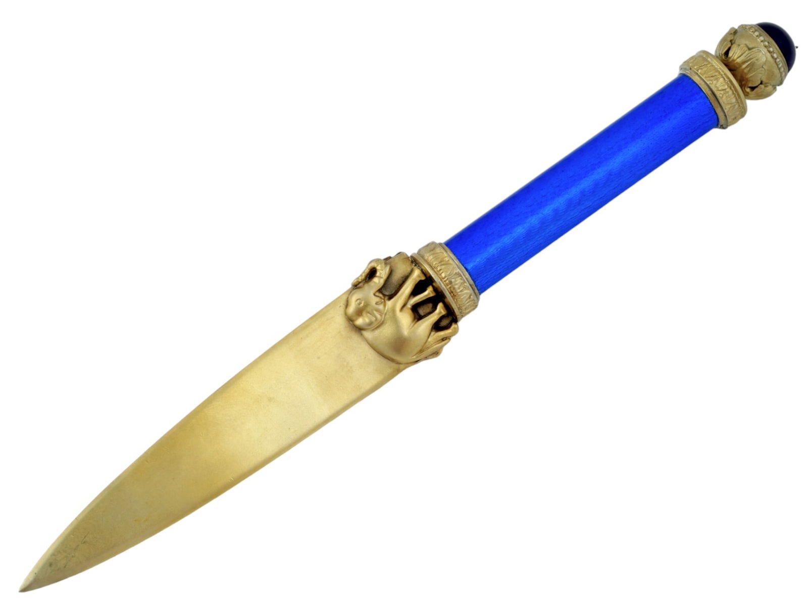 RUSSIAN GILT SILVER ENAMEL AMETHYST LETTER OPENER: A Russian letter opener with a gilt silver blade decorated with chiseled elephant overlay on both sides. The handle is covered with blue enamel over a wavy guilloche ground. The top is set with a larg