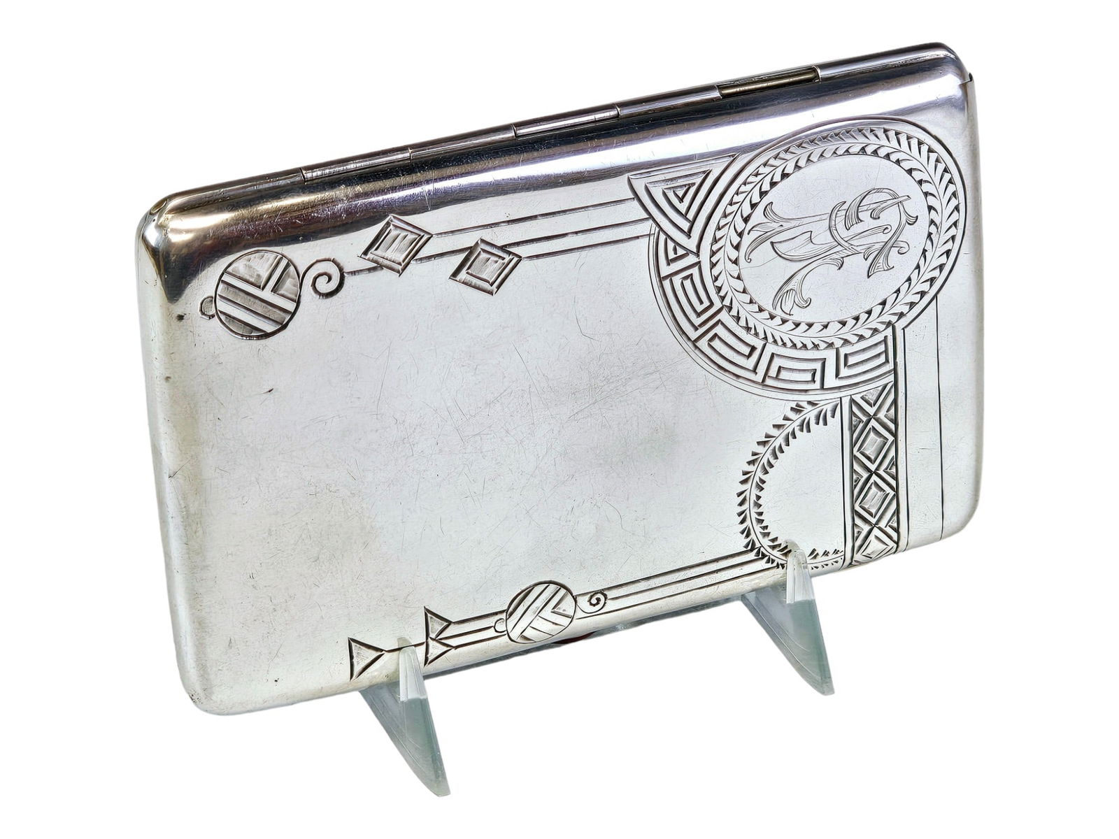 RUSSIAN ENGRAVED SILVER CIGARETTE CASE W MONOGRAM (1 of 6)