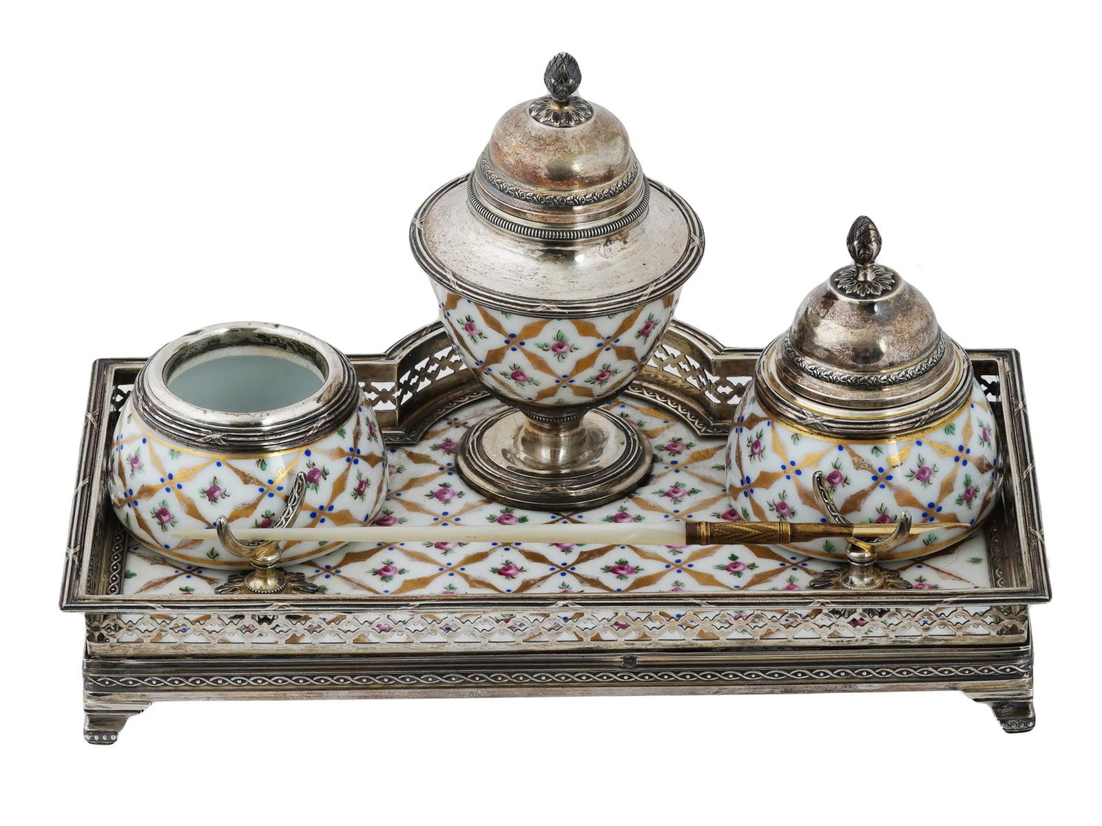 ANTIQUE FRENCH SEVRES PORCELAIN SILVER INKWELL SET (1 of 13)