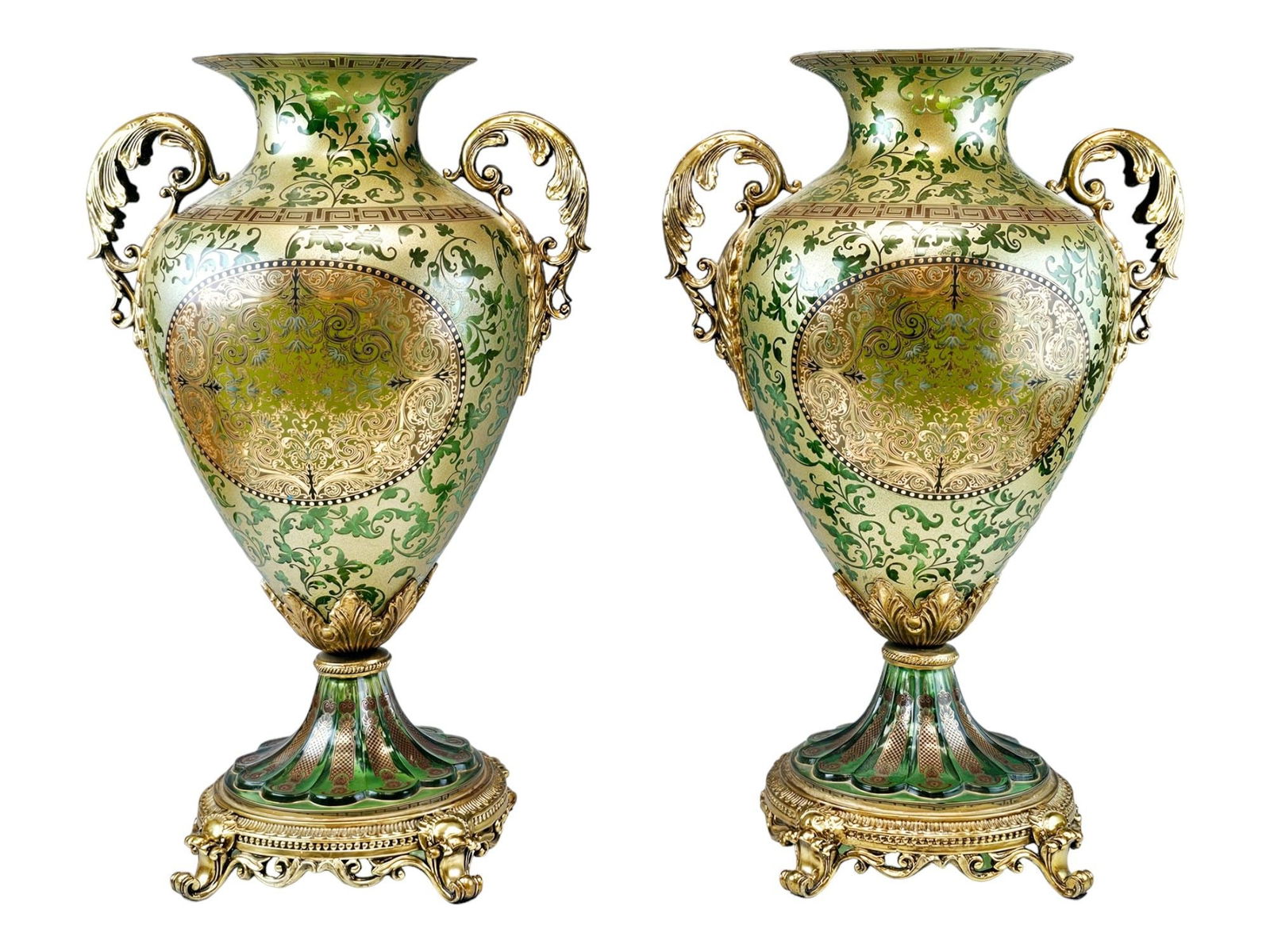LARGE BOHEMIAN MANNER GILDED GREEN GLASS VASES (1 of 6)