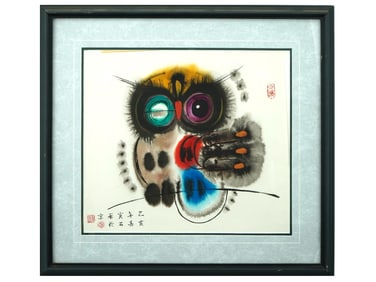 CHINESE COLOR PRINT OF AN OWL BY HAN MEILIN