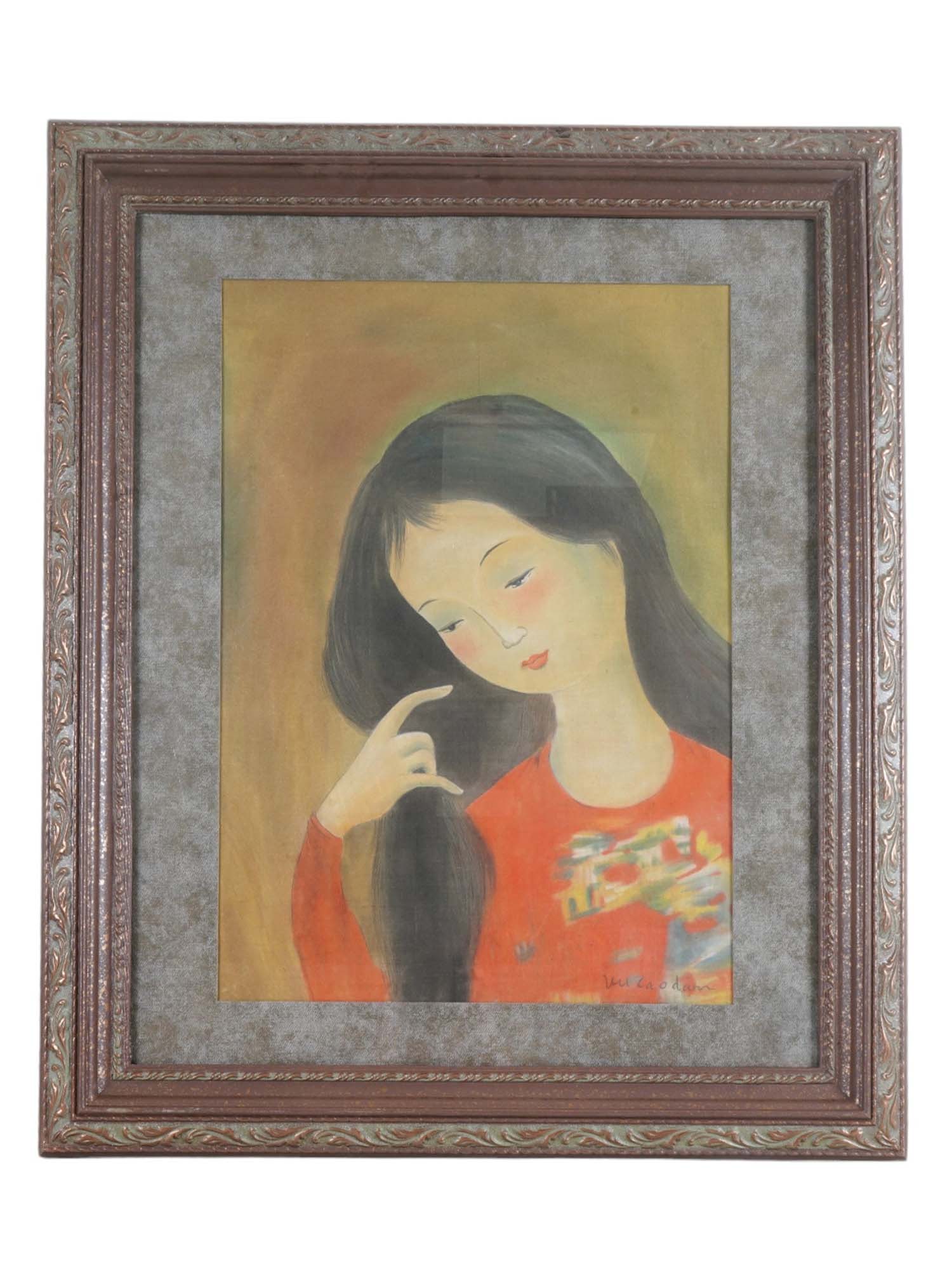 AFTER CAO DAM VIETNAMESE SILK PORTRAIT PAINTING: After Vu Cao Dam, Vietnamese, 1908 to 2000, ink and watercolor painting on silk mounted on board depicting a portrait of a lady. Signed in Latin, lower right. Framed. Vu Cao Dam is known for modernist