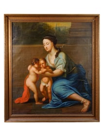 ANTIQUE EUROPEAN SCHOOL VIRGIN AND JESUS PAINTING