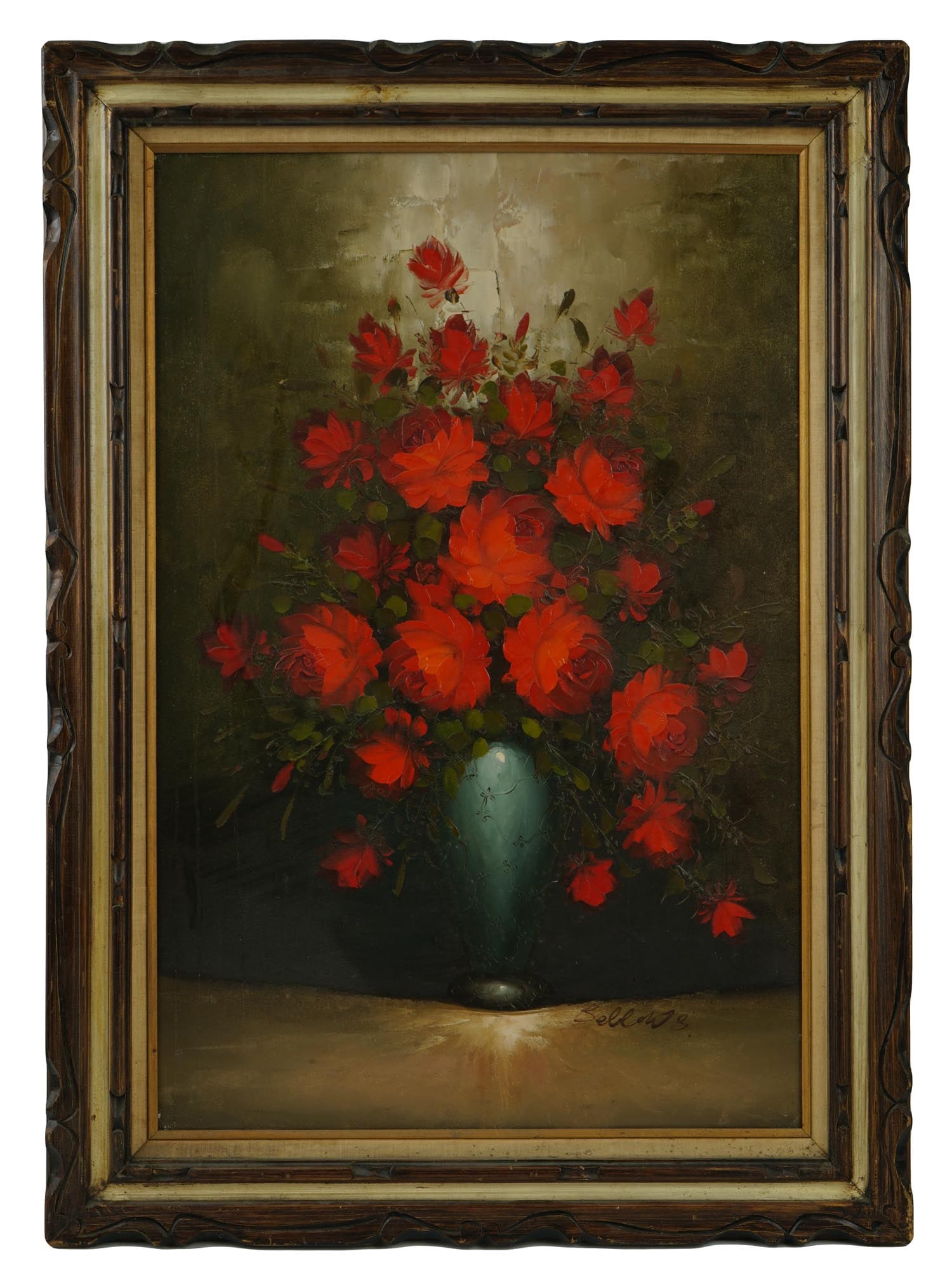 LARGE AMERICAN BELLOWS STILL LIFE OIL PAINTING: A large American still life oil painting on canvas by Bellows. The painting depicts a lush bouquet of bright red roses in a blue vase on a dark background. Signed by the artist lower right. Framed. Ci