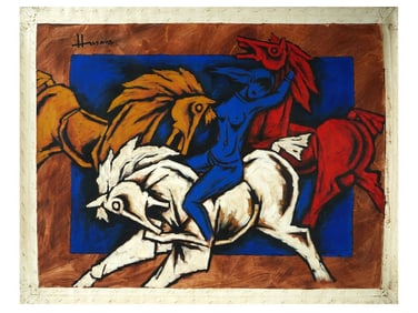 INDIAN ACRYLIC PAINTING BY MAQBOOL F HUSAIN WITH COA