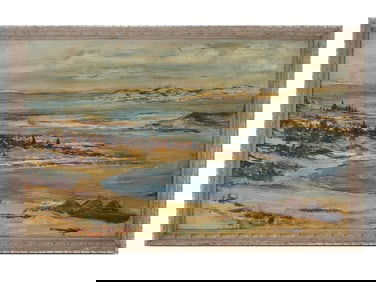 AMERICAN HATCHES HARBOR LANDSCAPE OIL PAINTING
