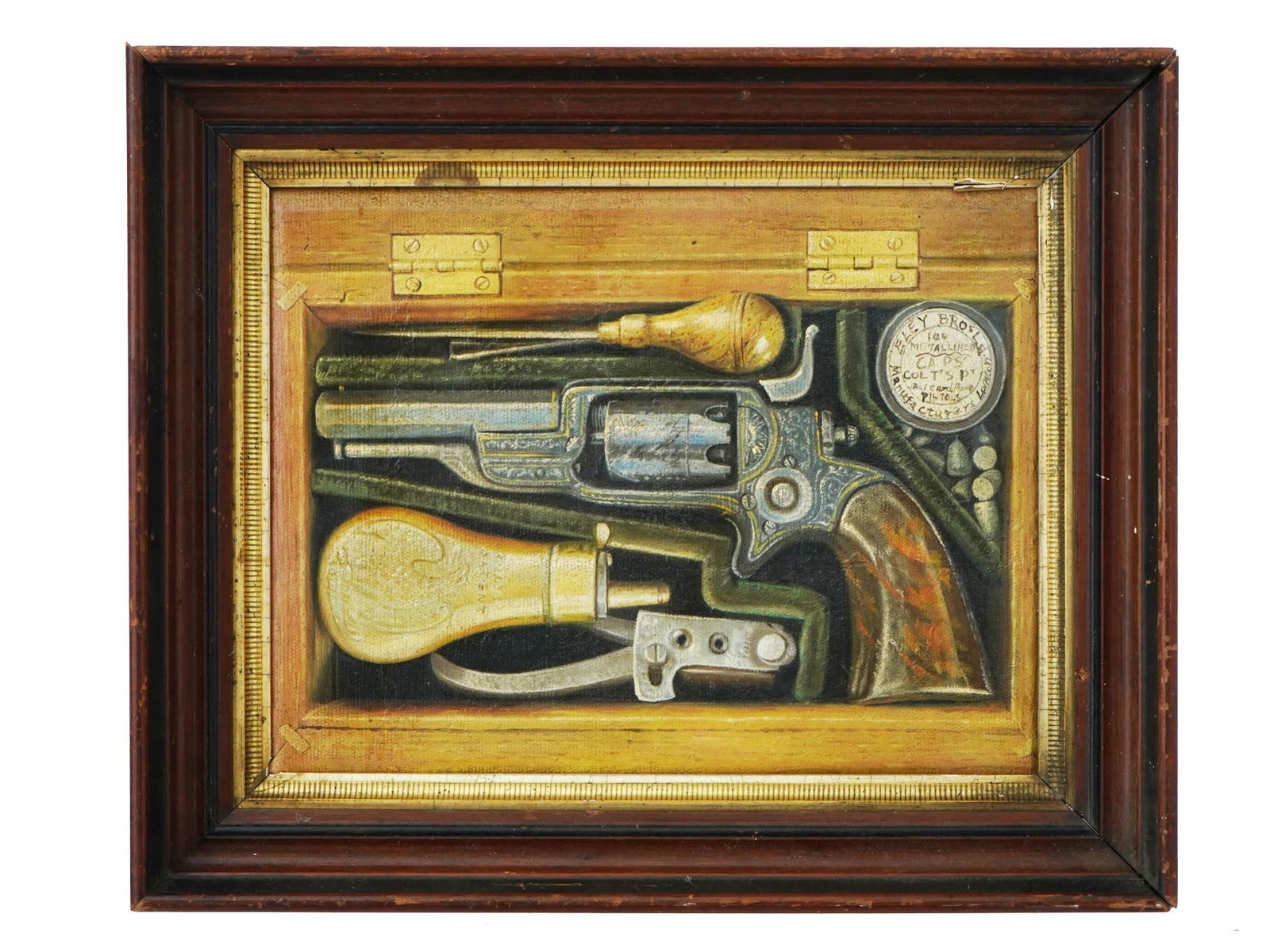 AMERICAN TROMPE L OEIL OIL GUNBOX COLT 1855 PAINTING: An oil on canvas Trompe l Oeil painting, depicting a gunbox with Colt 1855 and its accessories. Text at the top right Eley Bro s LD Manufacturers London. Trompe l Oeil hand inscription on the backside