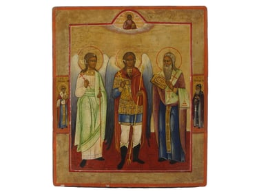 ANTIQUE RUSSIAN ICON OF SAINT MICHAEL WITH SAINTS