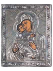 ANTIQUE RUSSIAN ICON MOTHER OF GOD IN SILVER RIZA