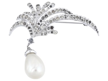 VINTAGE JOMAZ CLEAR RHINESTONE PEARL PIN BROOCH