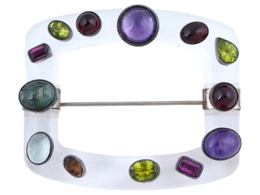 STERLING SILVER ROCK CRYSTAL SEMI PRECIOUS STONE BROOCH