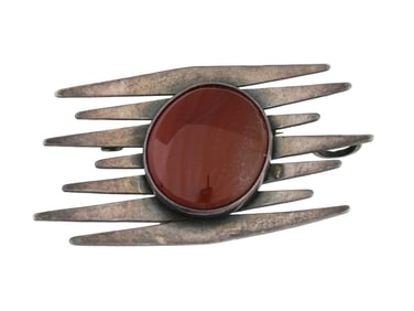 MEXICAN MANNER STERLING SILVER AGATE STONE BROOCH