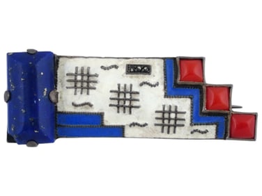 ART DECO GERMAN SILVER ENAMEL CORAL LAPIS BROOCH